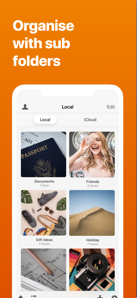 Interface of Video Safe 2 app showing photo and video organization into subfolders like Documents and Friends