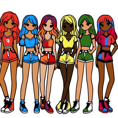 a group of girls wearing crop tops and shorts