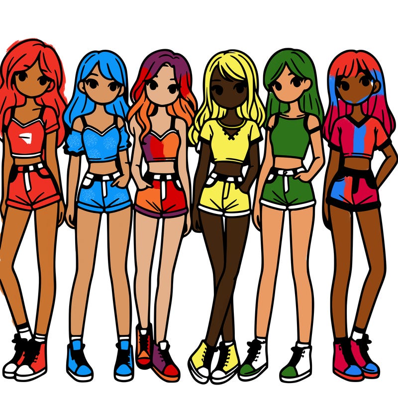 a group of girls wearing crop tops and shorts