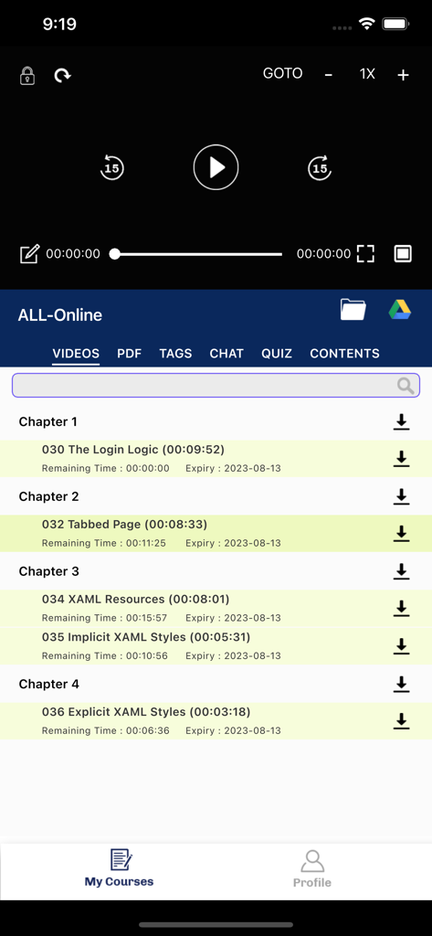 DTH Player - DTH Player app showing a list of educational video lessons and media player controls