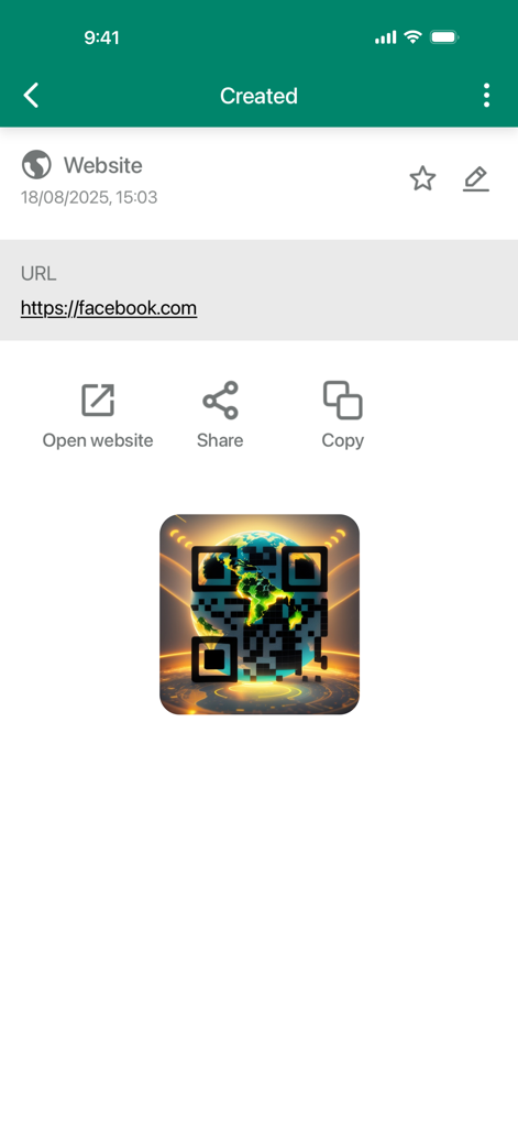 Una captura de pantalla de la aplicación AI QR Code Scanner que muestra un código QR creado al estilo IA para un sitio web con opciones para compartir y copiar