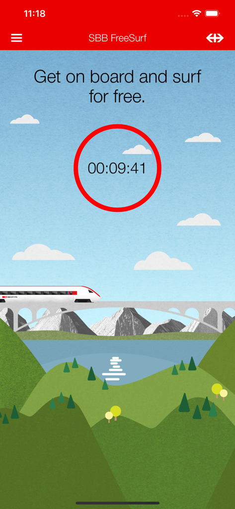 SBB FreeSurf - SBB FreeSurf app screen showing an active free internet session with a timer and a stylized Swiss mountain landscape.