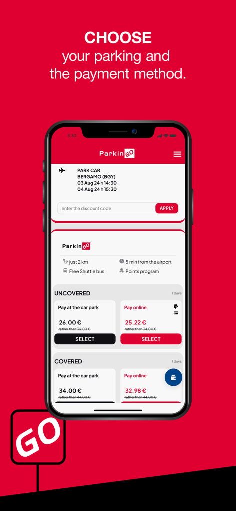 ParkinGO - ParkinGO app screen showing parking selection for Bergamo airport with covered and uncovered options and payment methods
