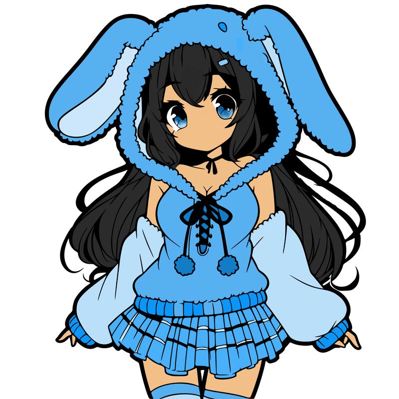 pretty anime girl wearing a fluffy hoodie with bunny ears on the hood and a skirt