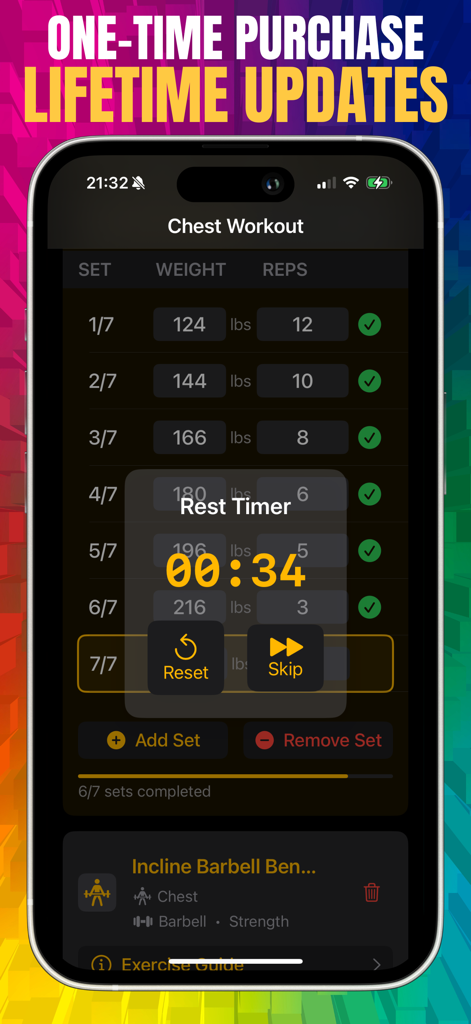 Gym Gorilla: Workout Tracker - Aplicación móvil Gym Gorilla mostrando un registro de entrenamiento de pecho con una superposición de temporizador de descanso y un titular de compra única