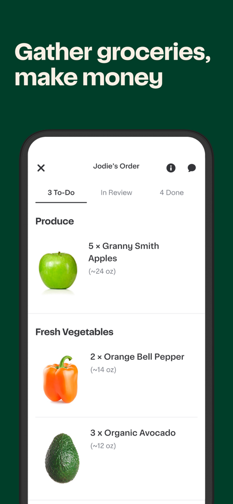 Interface of Instacart Shopper app displaying a grocery shopping list with produce items