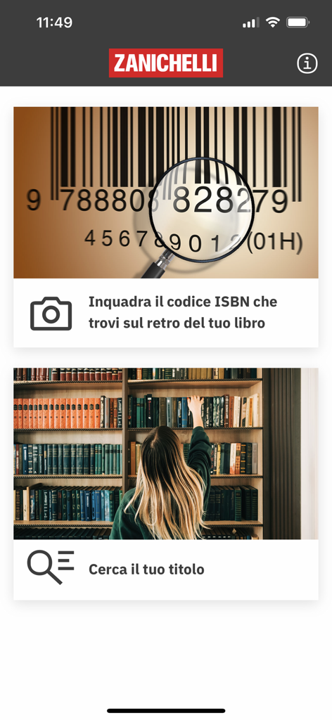 Interface of the laZ Guarda app showing options to scan a book ISBN barcode or search for a title manually