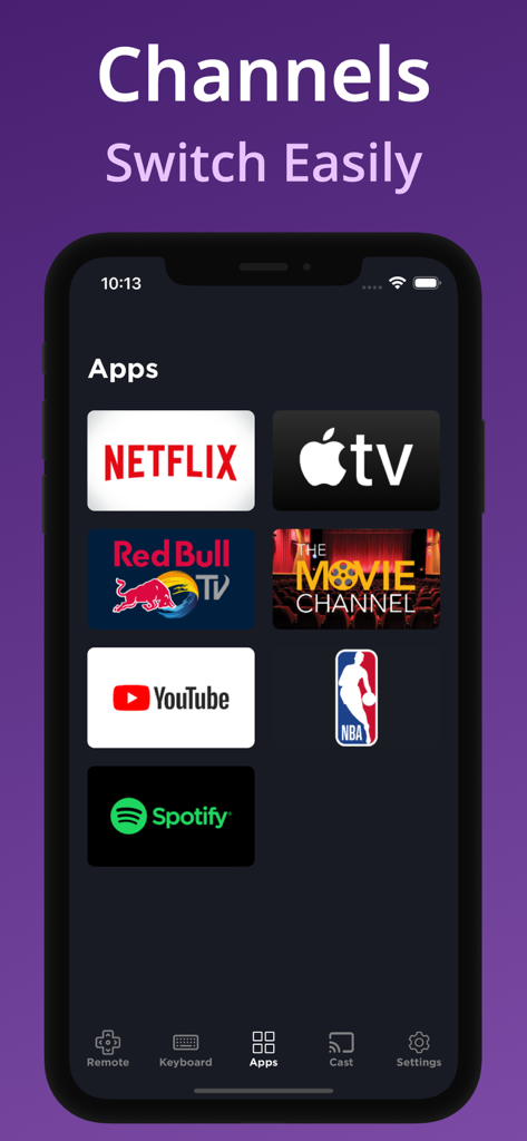 iPhone zeigt den Kanal-Auswahlbildschirm der Roku-Fernbedienungs-App mit Symbolen für Netflix und YouTube an