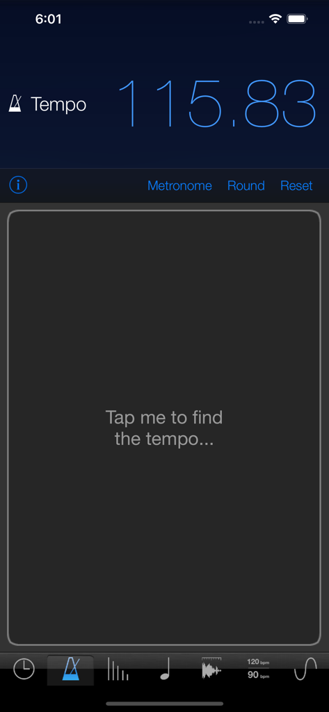 MusicMath - The tap tempo feature of the MusicMath app displaying a calculated tempo of 115.83 BPM.