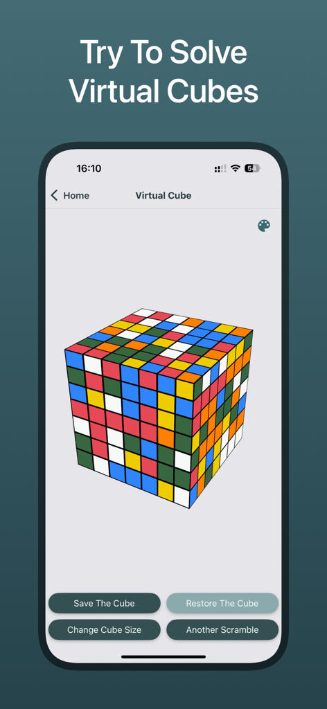 Rubix Cube Solver CubeXpert - Uma tela de aplicativo móvel do CubeXpert exibindo um complexo cubo de Rubik virtual 7x7 embaralhado para prática de solução.