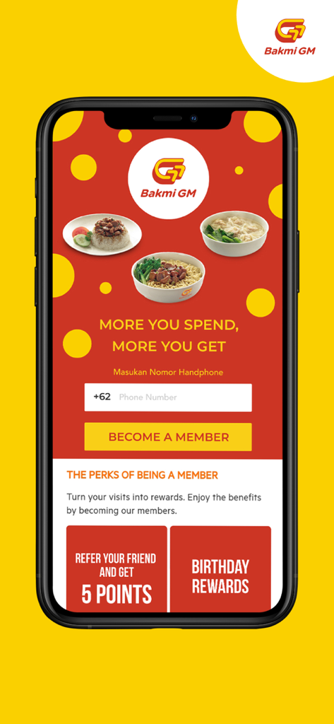Bakmi GM - Bakmi GM app membership registration screen featuring loyalty rewards and food images