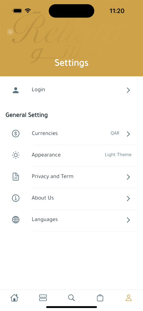 The settings screen of the rellato mobile app displaying options for login, currency selection, app appearance, and language preferences.