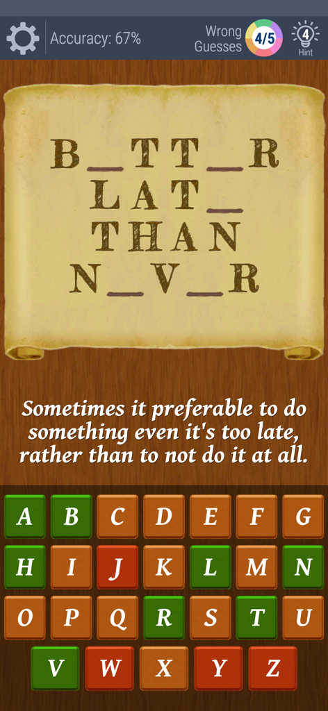Word puzzle game interface showing a proverb on an antique scroll
