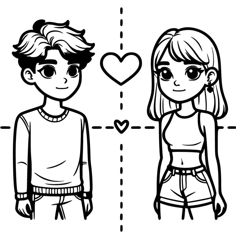 teenager boy with short hair and teenager girl with long hair wearing crop top. in love standing of opposite sides of a line down the middle