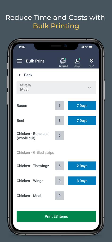 Zenput Labels - Bulk food label printing interface in the Zenput Labels app