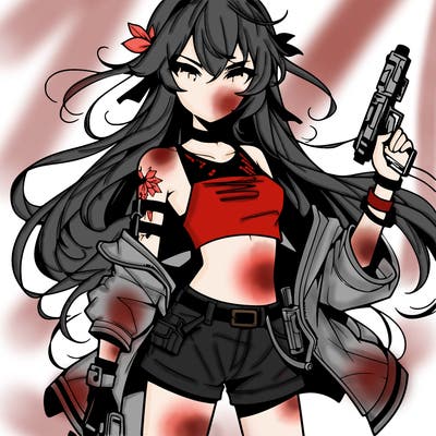 bad girl wearing crop top holding a gun long hair anime