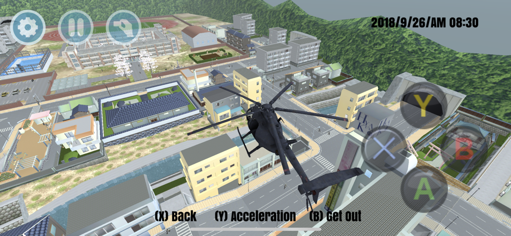 A black helicopter flying over a city and school campus in HighSchool Simulator GirlA gameplay