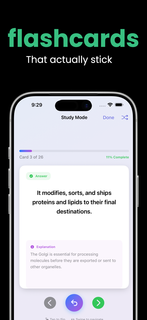 Laxu AI: Quiz & Flashcards - Laxu AI study mode interface showing a biology flashcard about the Golgi apparatus with an explanation