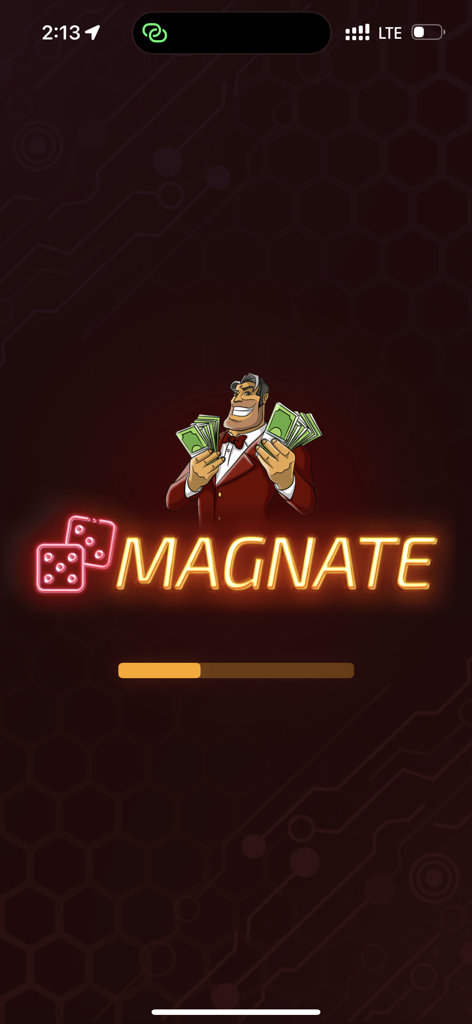 Magnate - board game - Magnate board game loading screen featuring a character holding cash and a neon game logo