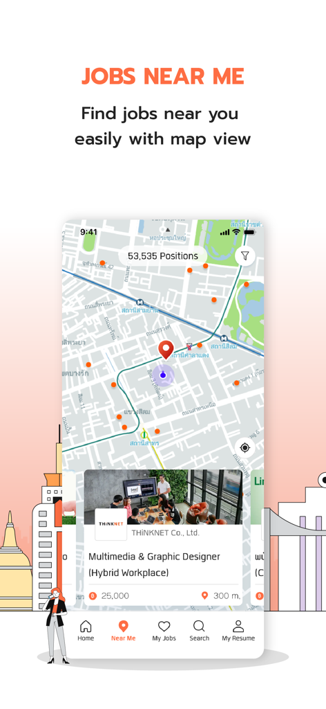 JobThai Jobs Search - A map view within the JobThai app showing job locations and positions near the user