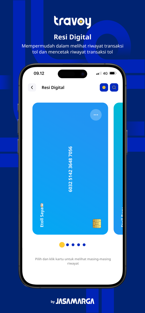 Travoy mobile app screen displaying a digital toll card for viewing transaction history