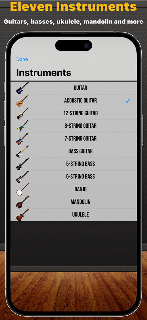 Fretuoso - Screenshot of the Fretuoso app showing a selection of eleven different stringed instruments including guitars basses and ukulele