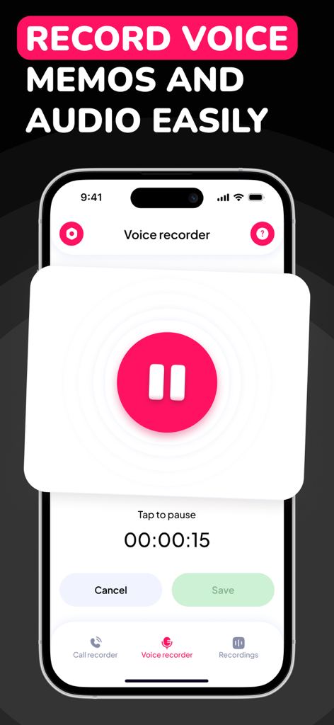 Interface do aplicativo Gravador de Chamadas para iPhone mostrando uma mensagem de voz sendo gravada.