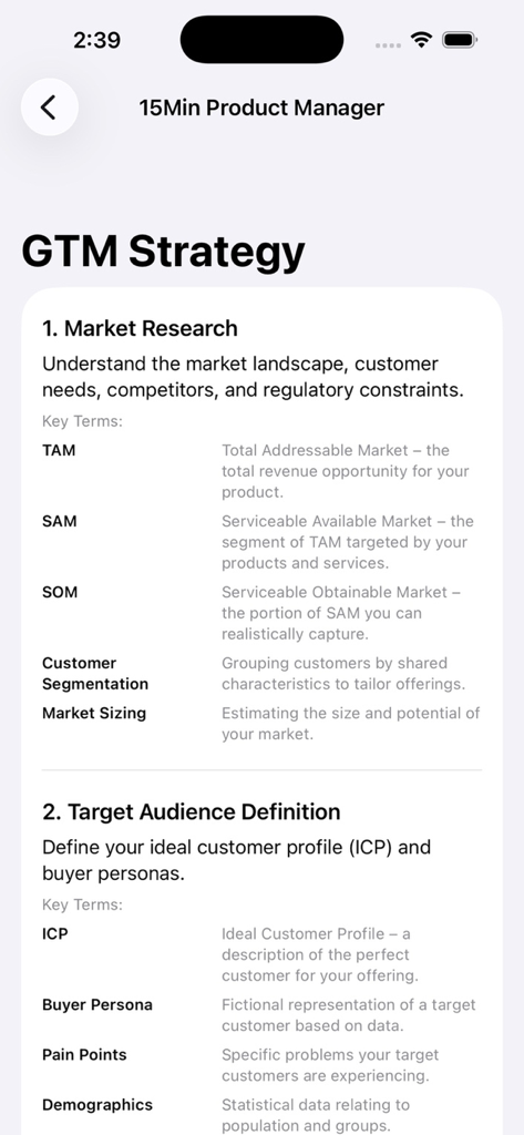 15 Min Product Manager - A screen from the 15 Min Product Manager app detailing GTM strategy components including market research and target audience definition.