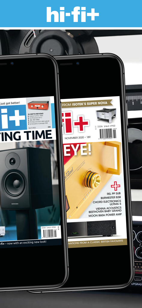 hi-fi+ Global Network - Two iPhones displaying digital magazine covers of the hi-fi plus audiophile publication featuring high-end speakers and amplifiers