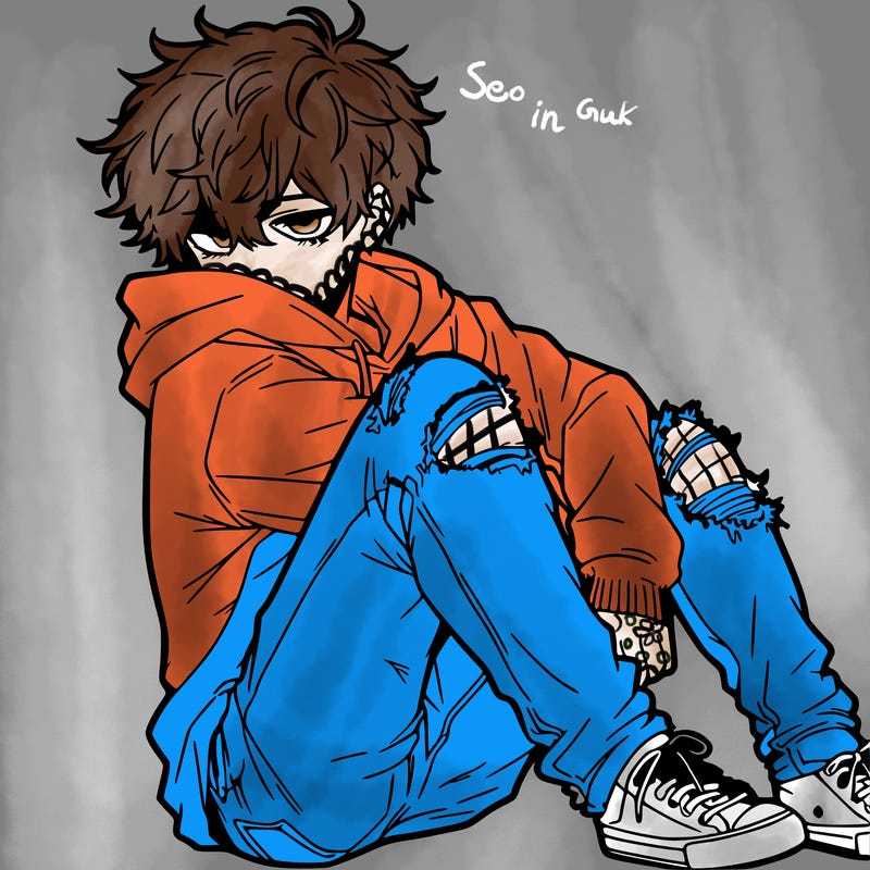 a male hoddie ripped jeans messy hair anime