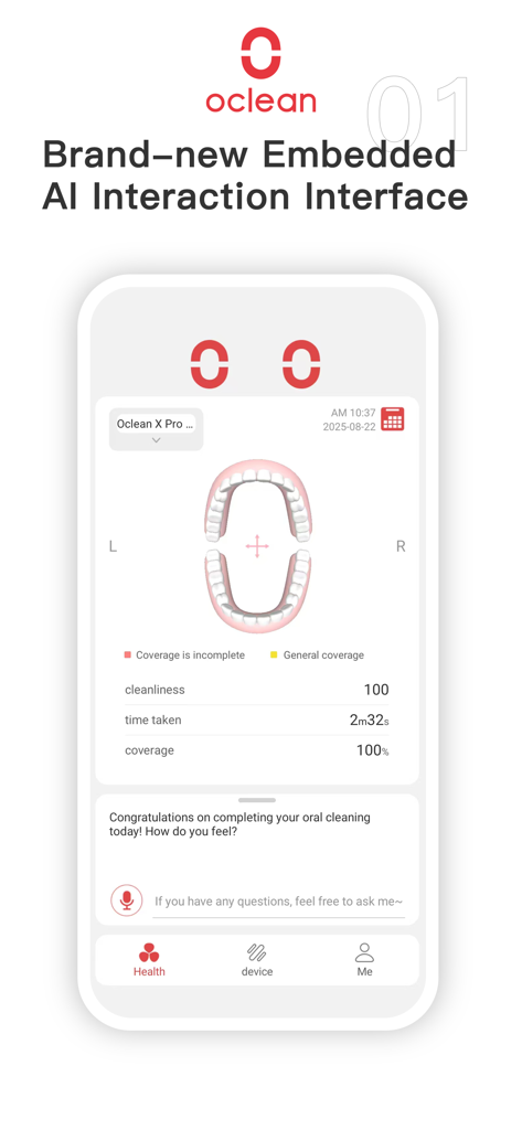 Oclean Care+ - Oclean Care app interface showing AI driven oral health tracking and brushing coverage metrics