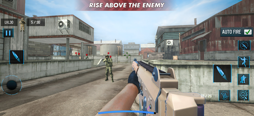 FPS Shooting Strike Game - First-person perspective of a shooting game featuring a soldier with a rifle in an industrial warehouse setting with on-screen game controls.