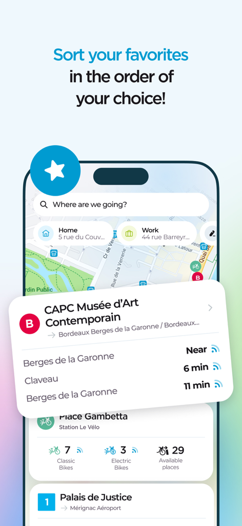 Interfaz de la aplicación TBM mobilites mostrando ubicaciones de transporte favoritas y disponibilidad de bicicletas en tiempo real