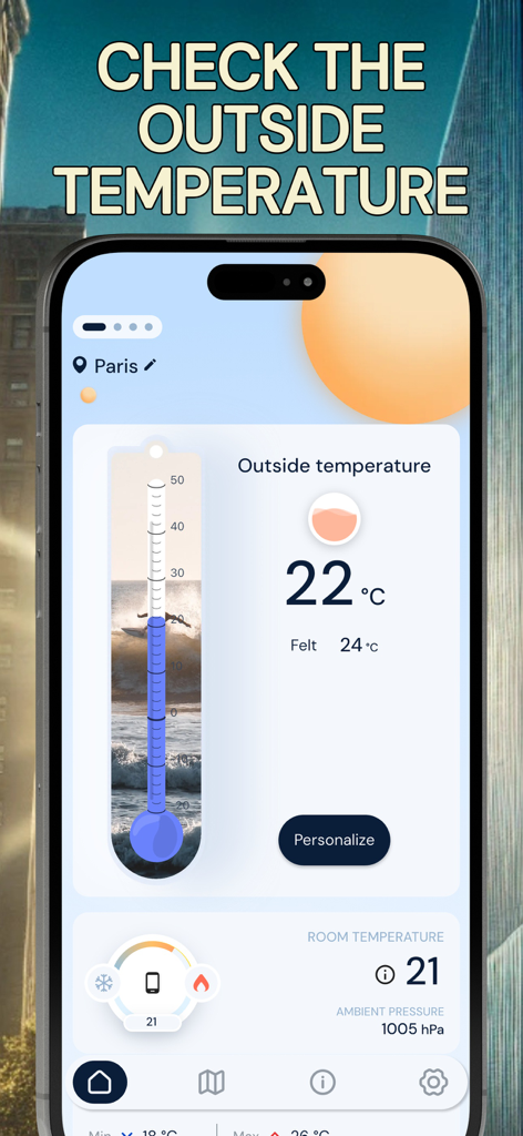 Smartphone screen showing the Thermometer app interface with current outdoor temperature and weather details for Paris.