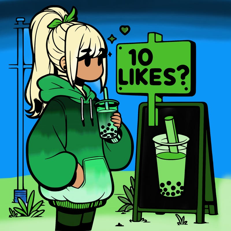girl with oversized hoodie drinking boba and she has a high ponytail with a sign that says 10likes?