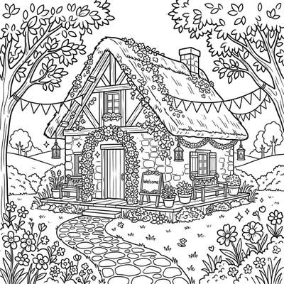 Invite your little ones to a festive celebration with this adorable wedding cottage coloring page. They'll love bringing vibrant life to the floral decorations, bunting, and charming garden scene.