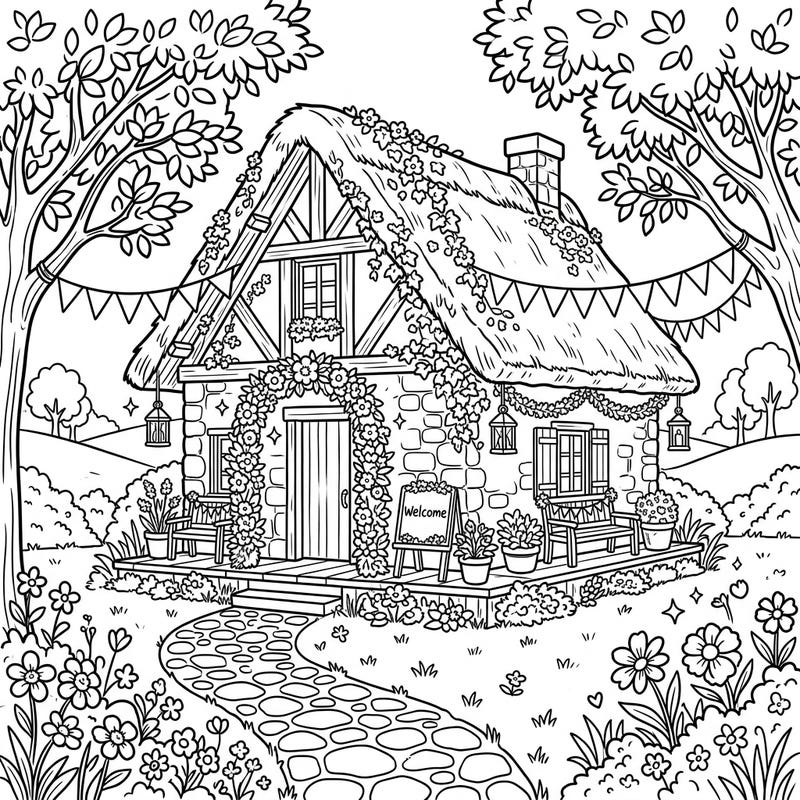 Invite your little ones to a festive celebration with this adorable wedding cottage coloring page. They'll love bringing vibrant life to the floral decorations, bunting, and charming garden scene.