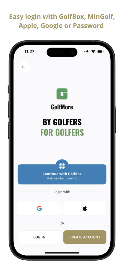GolfMore - GolfMore app login screen with options for GolfBox, Google, and Apple authentication