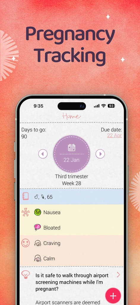 Maya - Period & Health - 出産予定日、症状、健康のヒントを表示するMayaアプリの妊娠追跡インターフェース