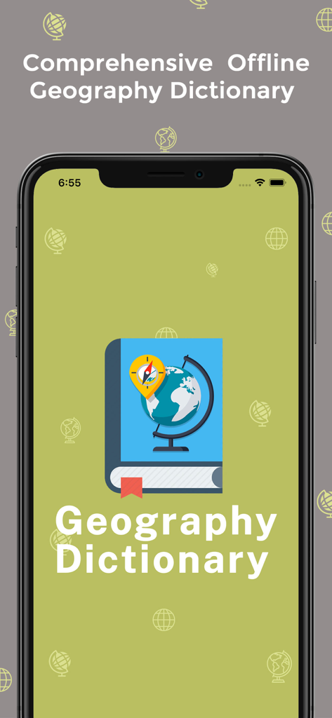 Geography Dictionary - Offline - Pantalla de inicio de la aplicación Diccionario de Geografía Sin Conexión con un globo terráqueo y un ícono de brújula sobre un libro