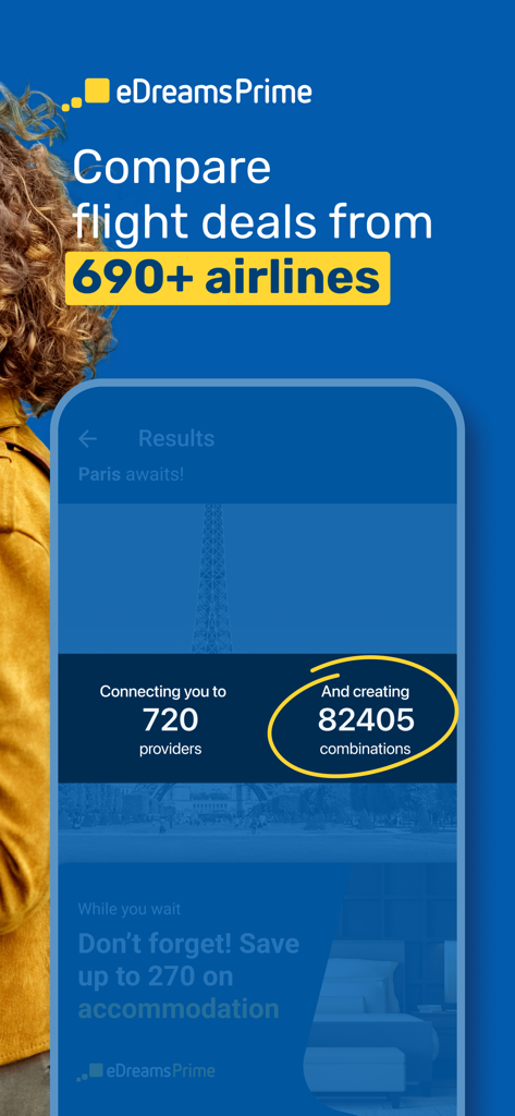 Interfaz de la app de eDreams comparando ofertas de vuelos de cientos de aerolíneas