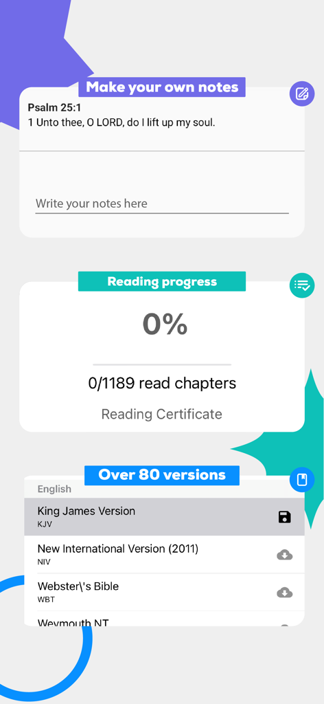 Screenshots of the Bible Offline app showing note taking features, reading progress tracking, and various Bible versions