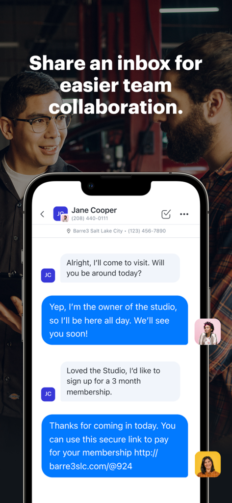 Podium - Small Business Tools - A smartphone showing the Podium app interface with a customer conversation and the heading Share an inbox for easier team collaboration.