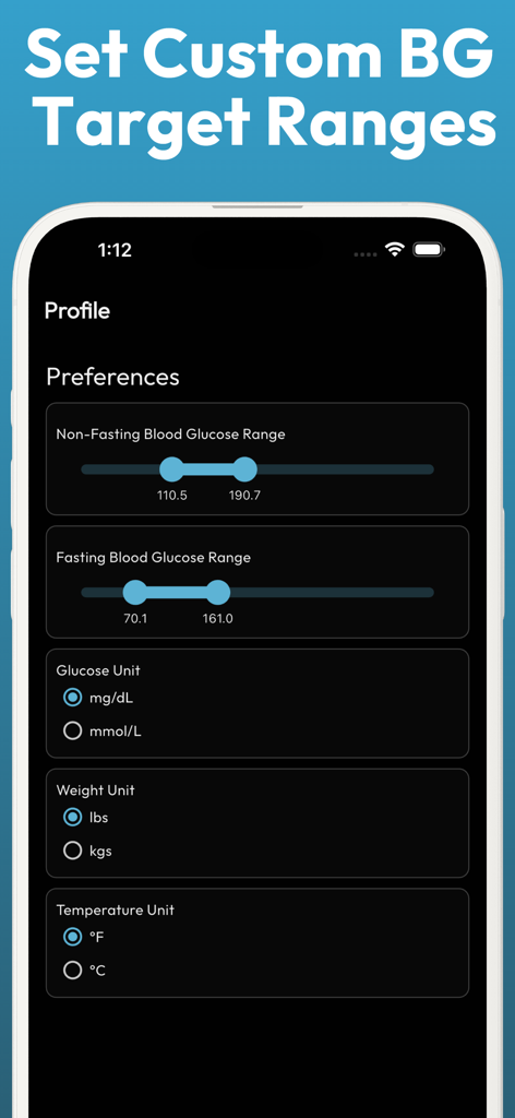 Blood Glucose Sugar Monitor - Oberfläche der GlucoLog App, die anpassbare Blutzucker-Zielbereiche und Einheiteneinstellungen anzeigt.