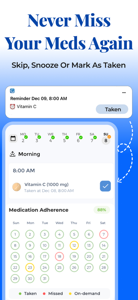 Tracker, Reminder - CareClinic - CareClinic app interface showing medication reminders and a monthly adherence tracking calendar.
