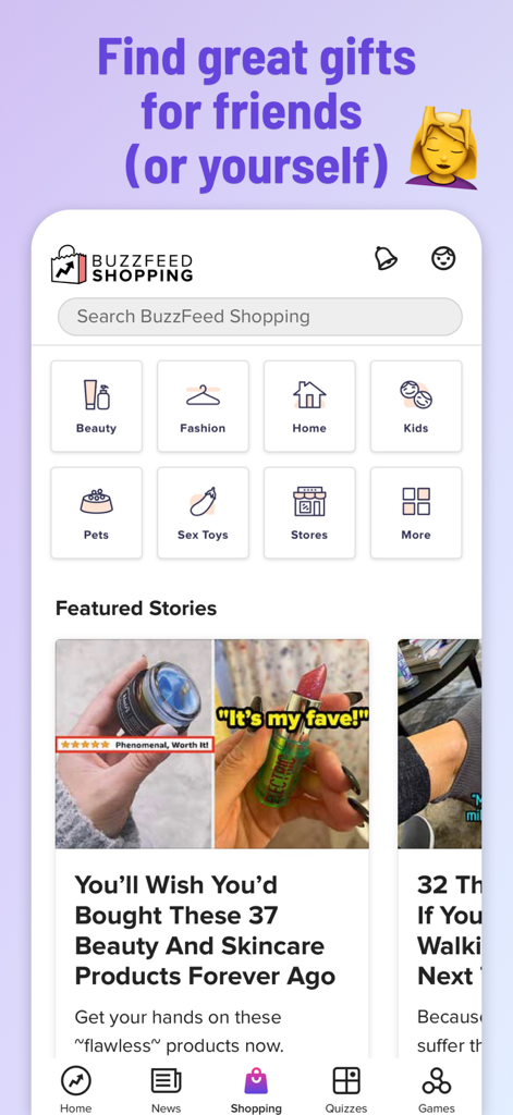 The BuzzFeed app shopping interface displaying categories like Beauty, Fashion, and Home along with featured product listicles.