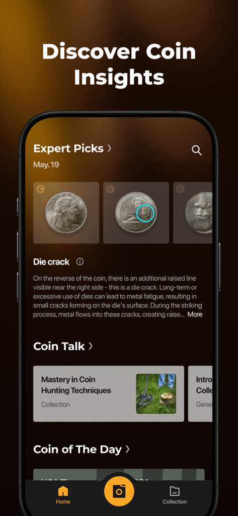 A mobile interface of the CoinSnap app showing expert picks and educational content about coin insights and hunting techniques.