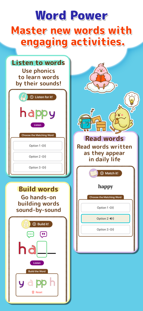 Phonics Readers for kids - Interactive phonics activities in the app showing screens for listening to words, building words sound-by-sound, and reading practice.