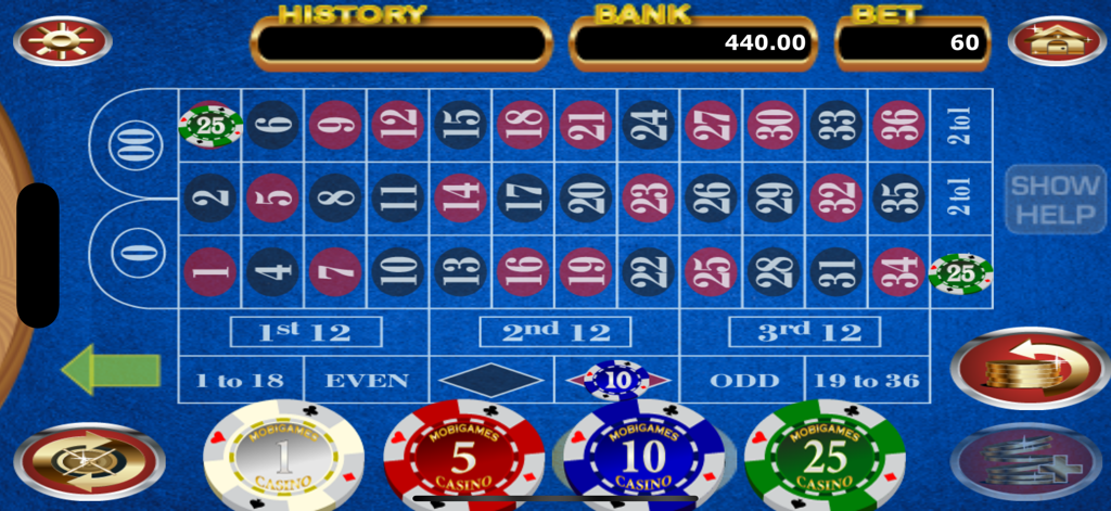 American roulette table layout with betting chips in the World Roulette mobile app