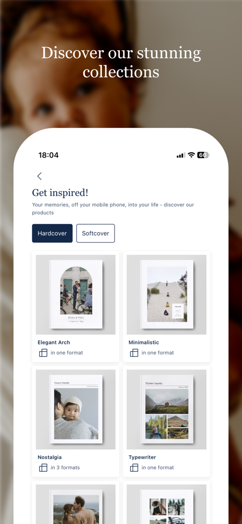 Rosemood: Photo Books & Prints - Schermata dell'app mobile che mostra vari design e collezioni di copertine per album fotografici eleganti e minimalisti
